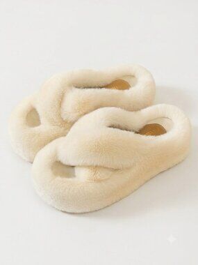 Women's Fuzzy Faux Fur Cross Band Platform Slippers Open Toe Cozy House Shoes